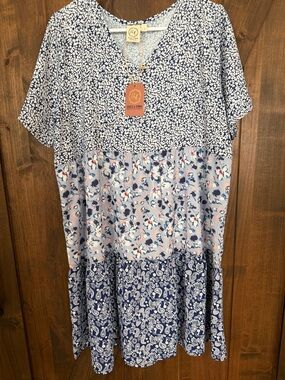Grace & Emma Blue Floral Patchwork V-Neck Women’s Dress